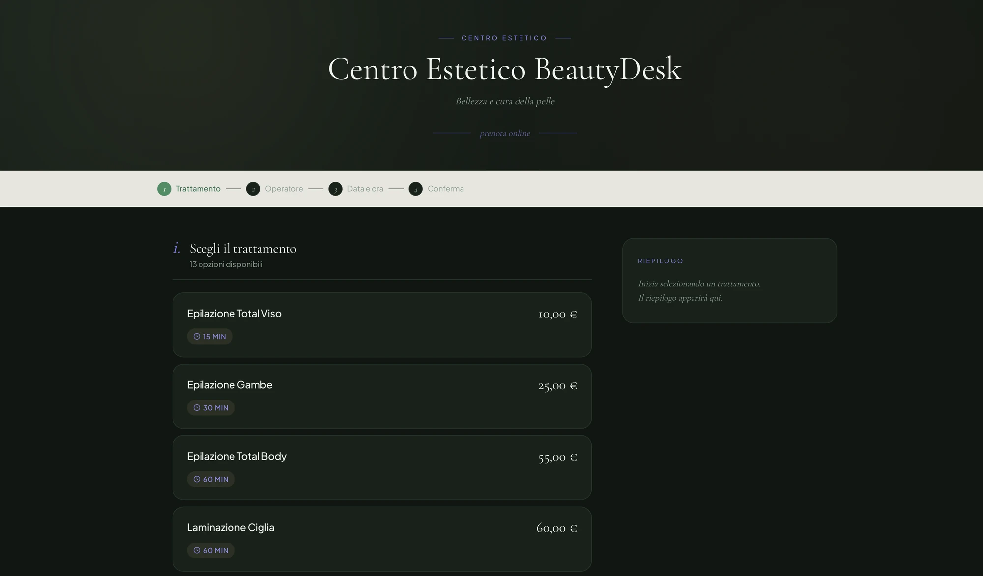 Pagina di prenotazione online Beauty-Desk con elenco servizi e prezzi